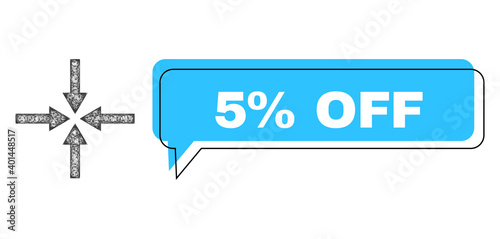 Conversation 5% Off blue cloud frame and net mesh impact arrows. Frame and colored area are shifted for 5% Off text, which is located inside blue cloud. Vector quote title inside chat frame.