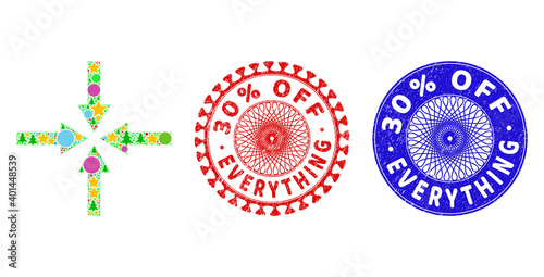 Impact arrows composition of Christmas symbols, such as stars, fir trees, colored round items, and 30% OFF EVERYTHING dirty stamp seals. Vector 30% OFF EVERYTHING watermarks uses guilloche pattern,