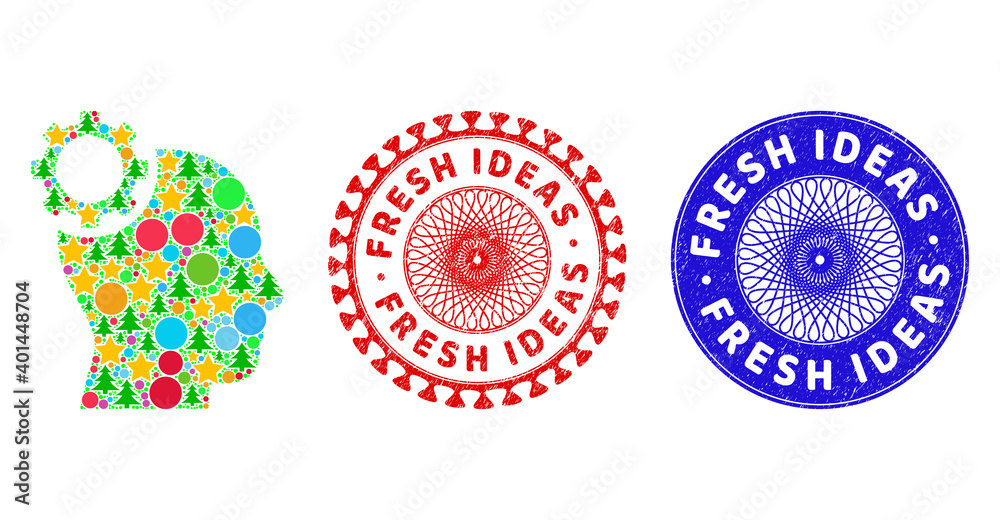 Intellect gear composition of Christmas symbols, such as stars, fir-trees, color circles, and FRESH IDEAS rubber stamp prints. Vector FRESH IDEAS stamp seals uses guilloche pattern, Intellect gear composition of Christmas symbols, such as stars, fir-trees, color circles, and FRESH IDEAS rubber stamp prints. Vector FRESH IDEAS stamp seals uses guilloche pattern,