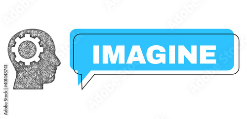 Conversation Imagine blue cloud frame and crossing mesh intellect gear. Frame and colored area are shifted for Imagine caption, which is located inside blue colored speech balloon.