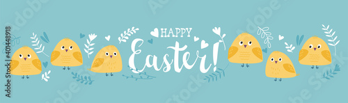 Easter greeting card with funny chiks in cartoon style and caligraphy