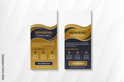 Set of abstract vertical banner template design with example of headline is repairing phone and tablet. gold and black gradient colors combination. wave style use space for photo. 
