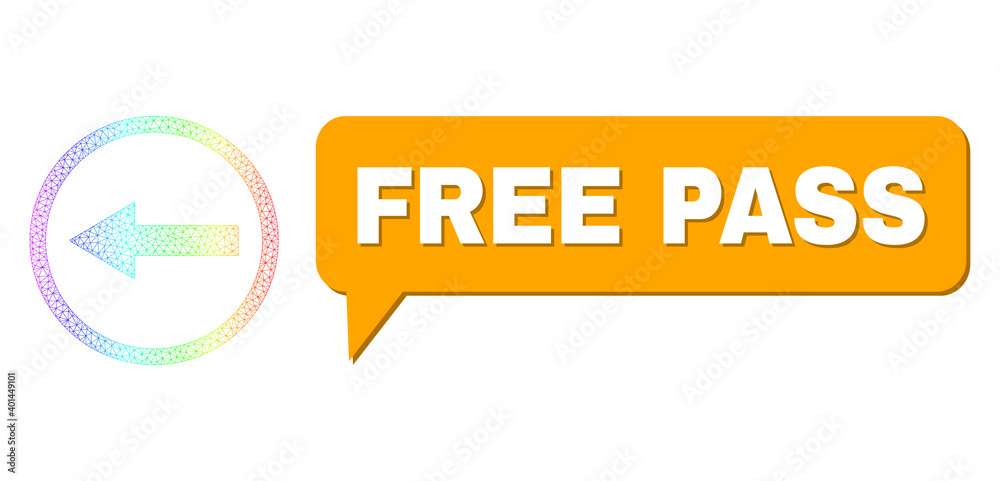 Free Pass and left rounded arrow vector. Rainbow colorful net left rounded arrow, and chat Free Pass bubble frame. Conversation colored Free Pass bubble has shadow.