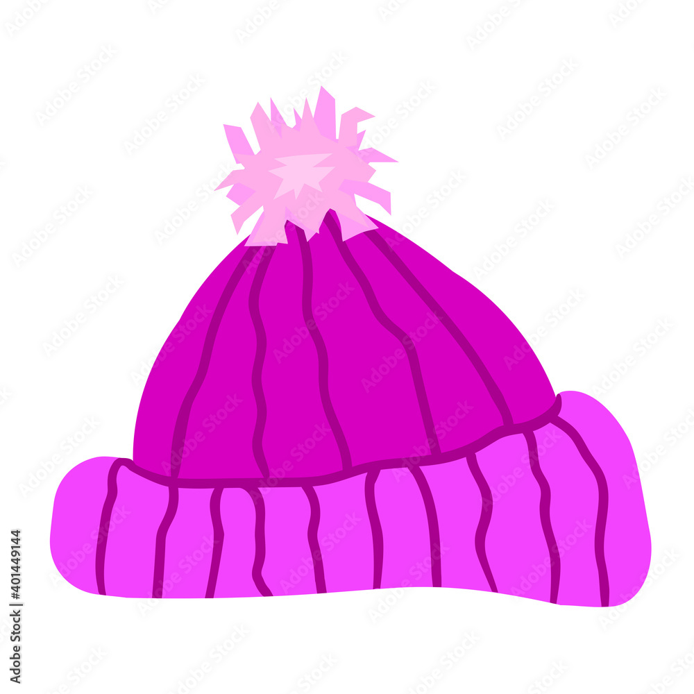 Winter knitted violet hat with a pink pompon Winter knitted violet hat with a pink pompon