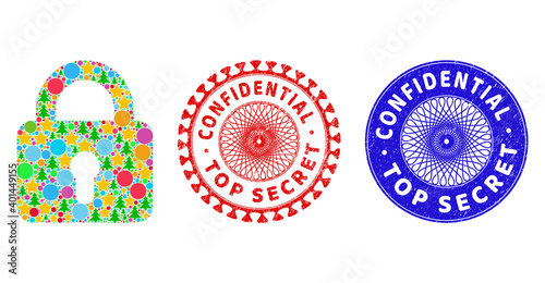 Lock composition of Christmas symbols, such as stars, fir trees, multicolored balls, and CONFIDENTIAL TOP SECRET grunge stamp imitations.