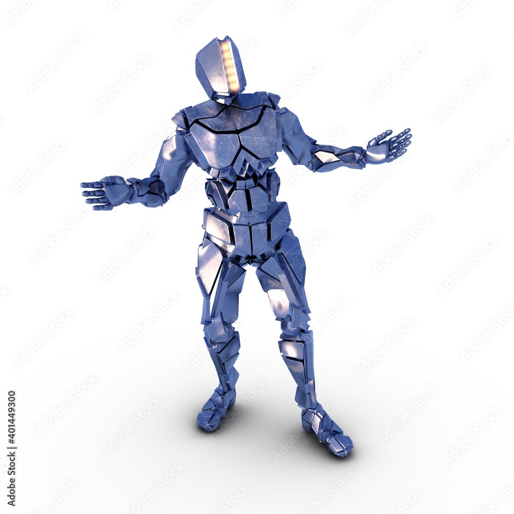 blauer humanoider Roboter stehend mit offenen Armen blauer humanoider Roboter stehend mit offenen Armen
