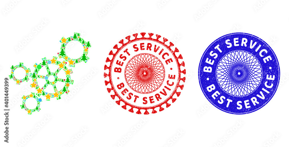 Mechanism mosaic of Christmas symbols, such as stars, fir trees, colored round items, and BEST SERVICE scratched stamp imitations. Vector BEST SERVICE stamp seals uses guilloche pattern, Mechanism mosaic of Christmas symbols, such as stars, fir trees, colored round items, and BEST SERVICE scratched stamp imitations. Vector BEST SERVICE stamp seals uses guilloche pattern,