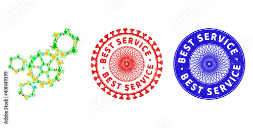Mechanism mosaic of Christmas symbols, such as stars, fir trees, colored round items, and BEST SERVICE scratched stamp imitations. Vector BEST SERVICE stamp seals uses guilloche pattern,