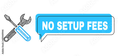 Chat No Setup Fees blue bubble frame and network options. Frame and colored area are shifted for No Setup Fees caption, which is located inside blue colored bubble.