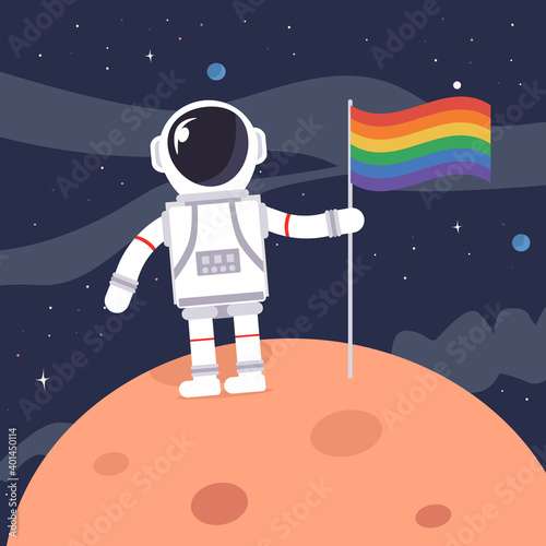 Astronaut holding LGBT flag on moon and milk way galaxy with stars and planets in the background. Copy space for design or text. Flat style design vector