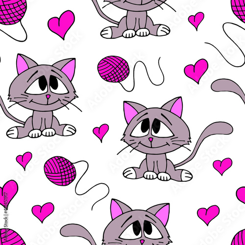 Cute kittens, hanks and hearts seamless pattern. Vector illustration.