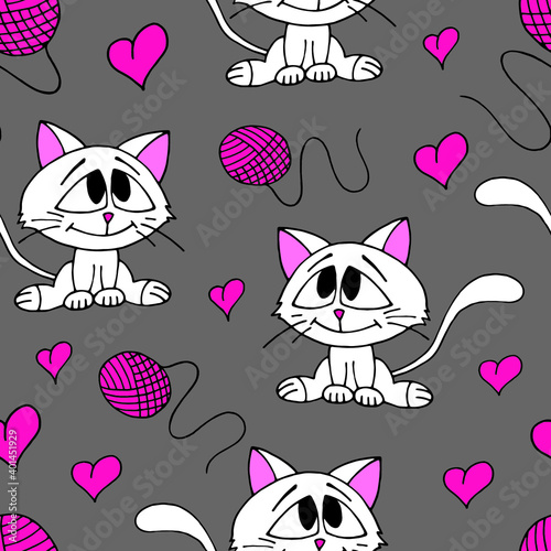Cute kittens, hanks and hearts seamless pattern. Vector illustration.
