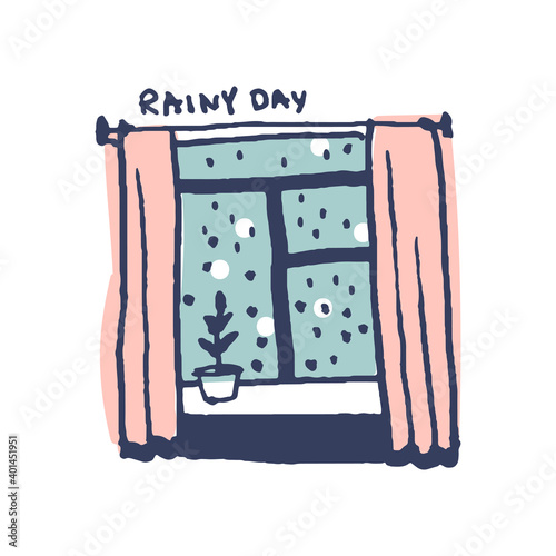  Window at rainy day in cute cozy hugge cartoon style illustration