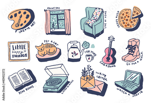Stay at home comfort things in cute cozy hugge cartoon style illustration