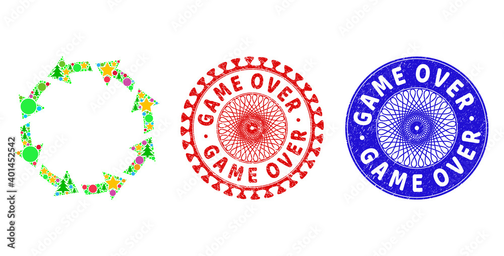 Rotate ccw mosaic of Christmas symbols, such as stars, fir trees, colored balls, and GAME OVER grunge watermarks. Vector GAME OVER seals uses guilloche pattern, designed in red and blue versions. Rotate ccw mosaic of Christmas symbols, such as stars, fir trees, colored balls, and GAME OVER grunge watermarks. Vector GAME OVER seals uses guilloche pattern, designed in red and blue versions.