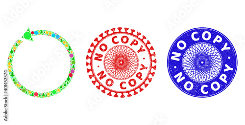 Rotate ccw composition of New Year symbols, such as stars, fir trees, color spheres, and NO COPY dirty watermarks. Vector NO COPY stamps uses guilloche pattern, designed in red and blue versions.