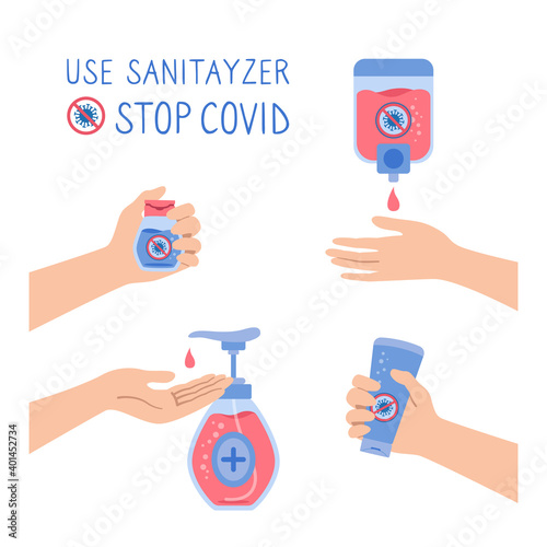 Hand sanitizer wall cartoon set. Stop virus covid, People use automatic alcohol antiseptic gel. Flat disinfection sanitizer, antiseptic collection. Cleaning washing hand. Isolated vector illustration