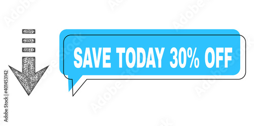 Conversation Save Today 30% Off blue cloud frame and wire frame send down. Frame and colored area are misplaced for Save Today 30% Off caption, which is located inside blue banner.