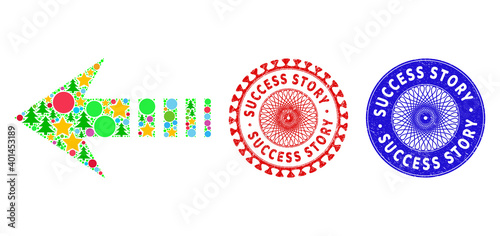 Send left mosaic of New Year symbols, such as stars, fir-trees, colored round items, and SUCCESS STORY dirty watermarks. Vector SUCCESS STORY watermarks uses guilloche pattern,