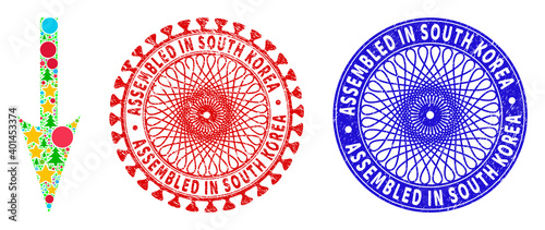 Sharp arrow down mosaic of New Year symbols, such as stars, fir trees, color balls, and ASSEMBLED IN SOUTH KOREA textured stamp imitations.