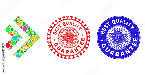 Shift right mosaic of New Year symbols, such as stars, fir trees, color spheres, and BEST QUALITY GUARANTEE textured stamp prints. Vector BEST QUALITY GUARANTEE stamp seals uses guilloche ornament,
