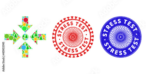 Shrink arrows collage of New Year symbols, such as stars, fir-trees, color circles, and STRESS TEST grunge stamp prints. Vector STRESS TEST stamp seals uses guilloche ornament,