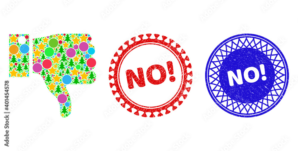 Thumb down collage of Christmas symbols, such as stars, fir trees, color balls, and NO! dirty stamp seals. Vector NO! stamp seals uses guilloche pattern, designed in red and blue variants. Stars, Thumb down collage of Christmas symbols, such as stars, fir trees, color balls, and NO! dirty stamp seals. Vector NO! stamp seals uses guilloche pattern, designed in red and blue variants. Stars,
