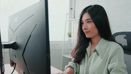 Asian woman Graphic Design Studio Drawing Ux Ui Website Technology Creative Occupation freelance advertisement marketing creating user interface with tablet computer agency working happy smiling