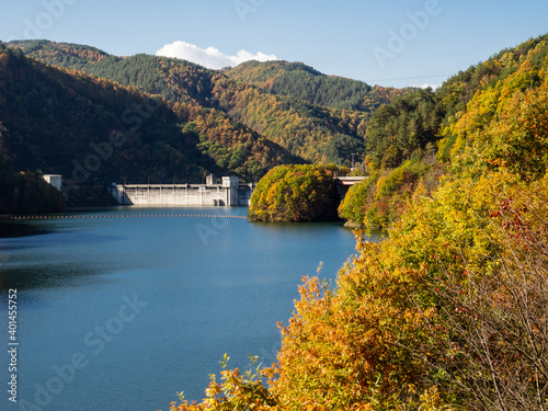 The scenery of the dam lake. It is a scenic autumn landscape.It is Lake Minowa in Nagano Prefecture, Japan. photo