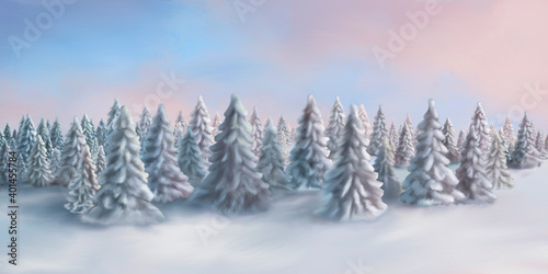 Watercolor illustration of a winter forest on a frosty morning. Landscape in pink and blue shades. © Kler