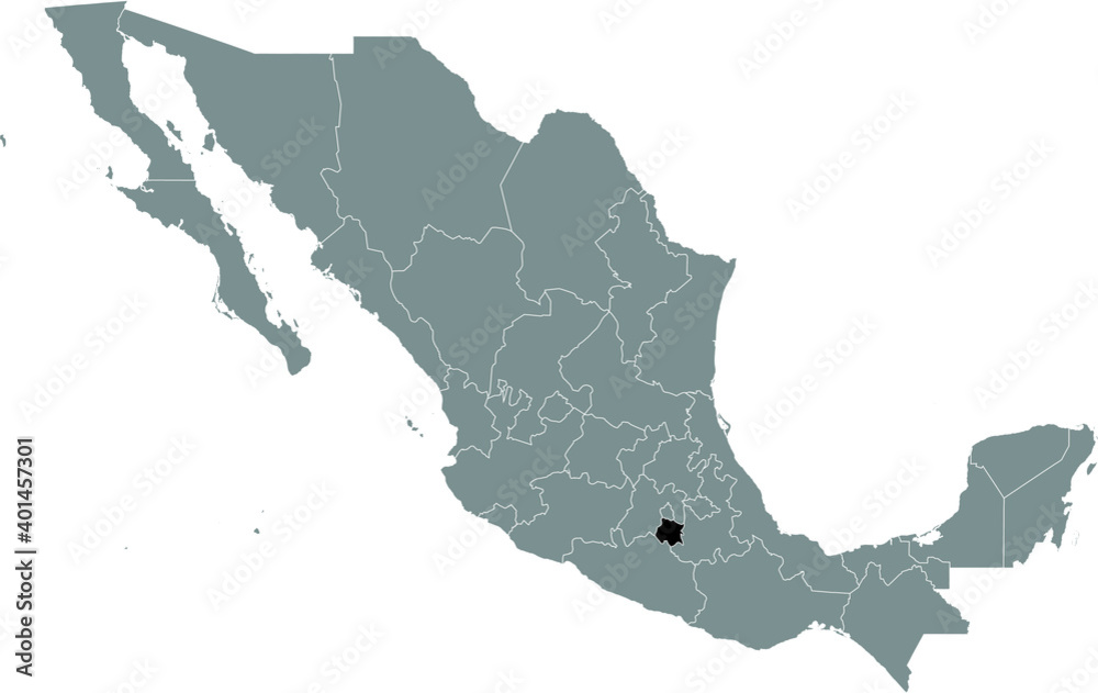 Black location map of Mexican Morelos state inside gray map of Mexico