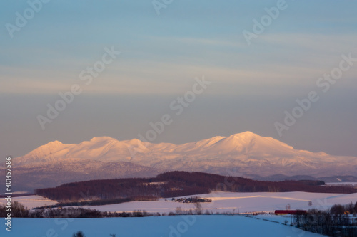 夕映えの雪山と青空 大雪山 