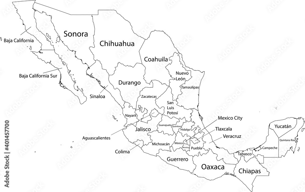 Obraz Biała mapa wektorowa Meksykańskich Stanów Zjednoczonych z czarnymi obramowaniami i nazwami jego stanów