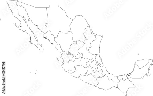 White vector map of United Mexican States with black borders of it's states