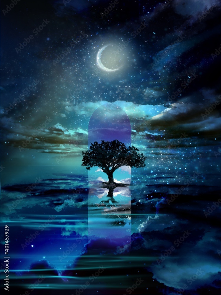 The silhouette of a tree towering in the middle of a mysterious landscape where the beautiful night sky is reflected on the surface of the sea	