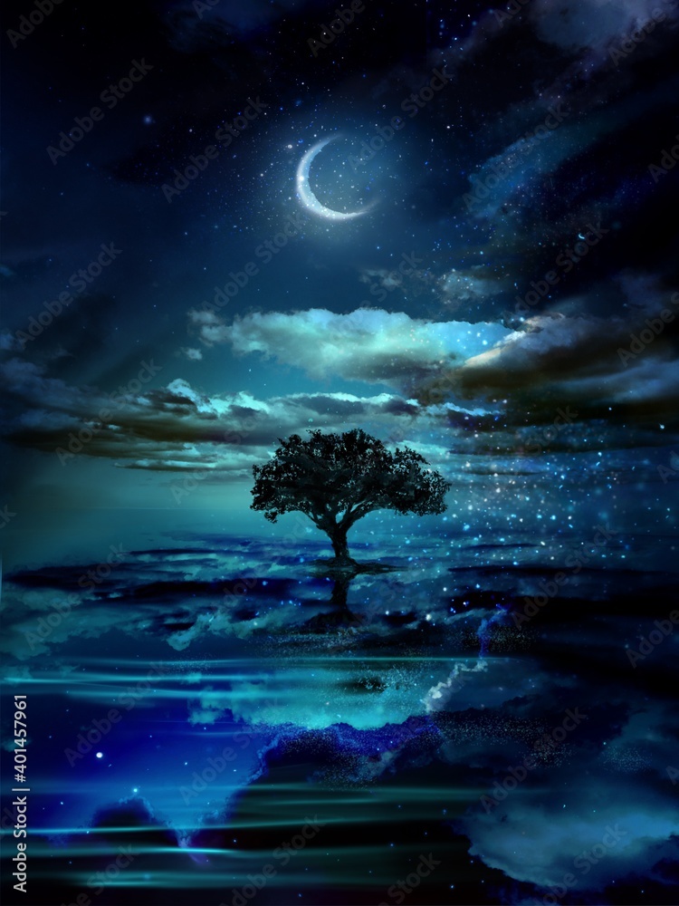 Obraz premium The silhouette of a tree towering in the middle of a mysterious landscape where the beautiful night sky is reflected on the surface of the sea