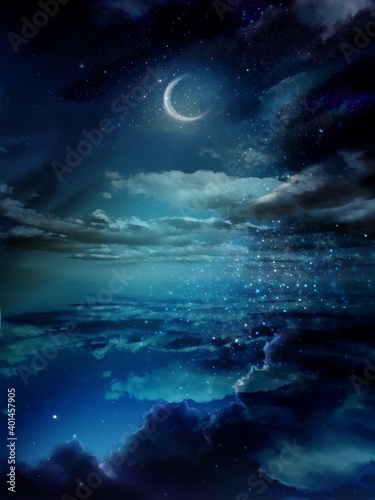 Landscape of beautiful night sky reflecting in the sea 