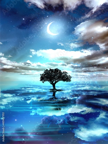 The silhouette of a tree towering in the middle of a mysterious landscape where the beautiful night sky is reflected on the surface of the sea 