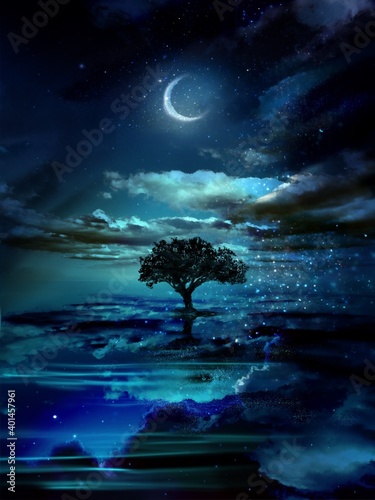The silhouette of a tree towering in the middle of a mysterious landscape where the beautiful night sky is reflected on the surface of the sea