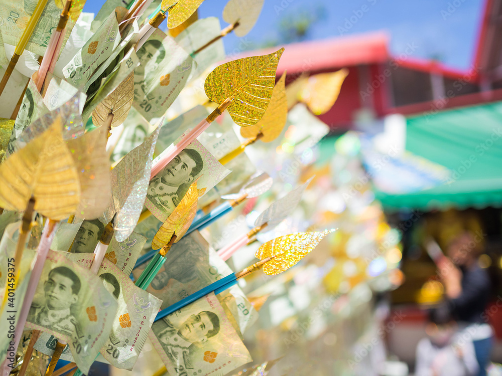 Fototapeta premium Buddhism religion in thailand with thai note banks in tree branch with pho leave on blur image is amazing Thai tradition.