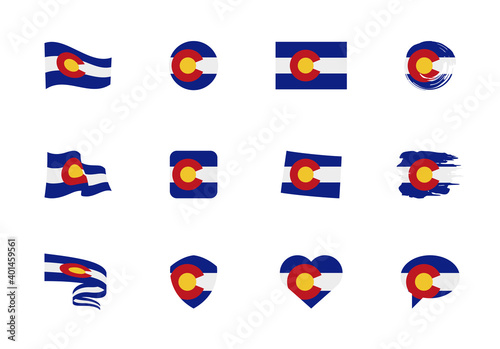 Colorado - flat collection of US states flags. Flags of twelve flat icons of various shapes. Set of vector illustrations
