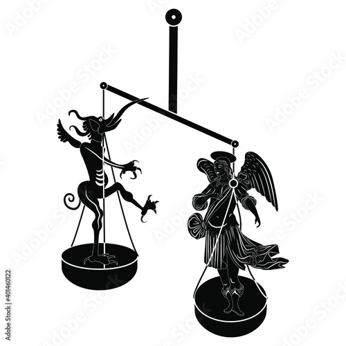 Angel and devil standing on weight scales. Creative concept. Balance or choice between good and evil. Black and white silhouette. Christian mythology.