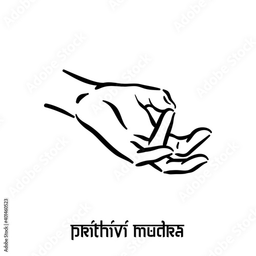Prithivi mudra. Hand spirituality hindu yoga of fingers gesture. Technique of meditation for mental health.