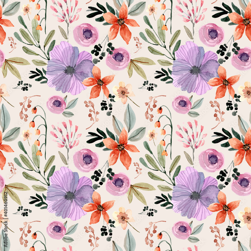 Watercolor Seamless Pattern with Orange and Purple Flower and Warm Background