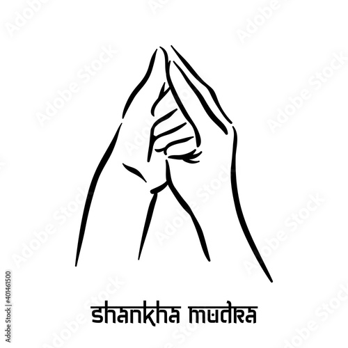 Shankha mudra. Hand spirituality hindu yoga of fingers gesture. Technique of meditation for mental health.