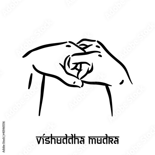 Vishuddha mudra. Hand spirituality hindu yoga of fingers gesture. Technique of meditation for mental health.