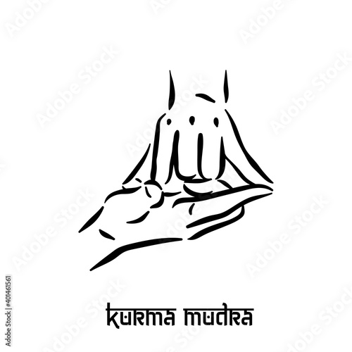 Kurma mudra. Hand spirituality hindu yoga of fingers gesture. Technique of meditation for mental health.