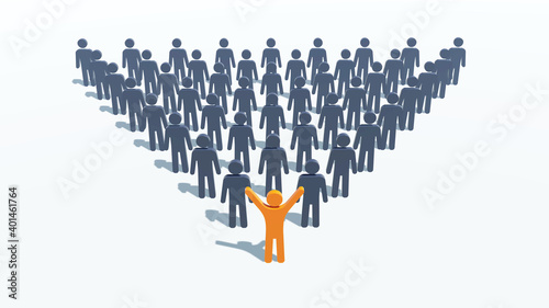 Positive team leader. Orange icon of a positive person on a background of gray icons of people.