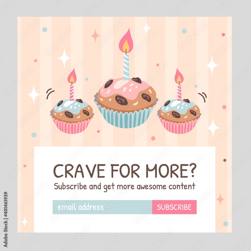 Newsletter design with festive pastry. Birthday cupcakes with candles ...