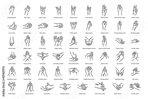 Mudras icon set. Hand spirituality hindu yoga of fingers gesture. Technique of meditation for mental health. photo
